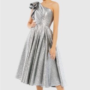 Silver One Shoulder Bow Midi Dress